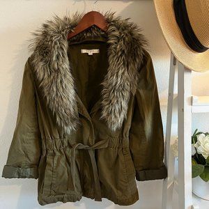 Ann Taylor LOFT Green Jacket Fur Collar Small
